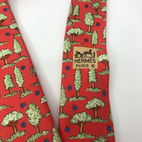 Hermes Red Tie with Green and Blue Tree Pattern W/Original Hermes box - Picture 3 of 10